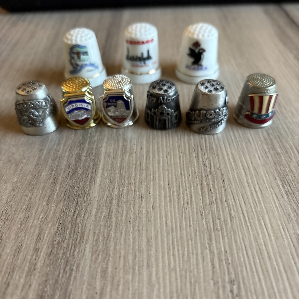 Lot Of 9 Americana Souvenir Thimbles State Thimbles Tourist Items Ceramic Pewter